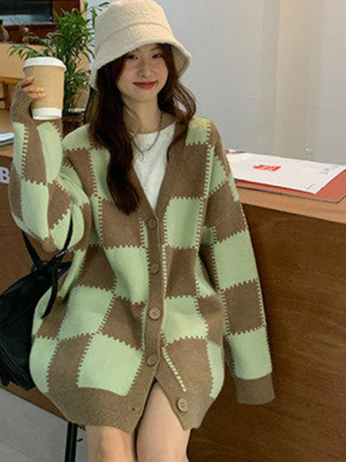 Slimming Autumn Winter V-ne Knitwear Casual Long Sve Chboard Pattern Small Fraance Sle Loose Open Cardigan Sweater