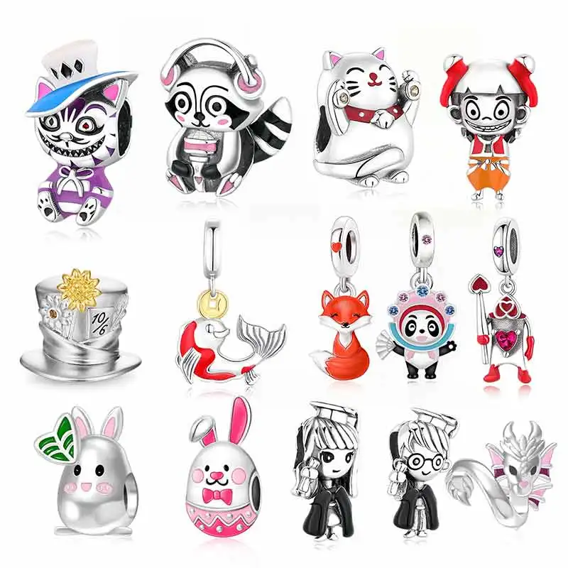 Fit Original Pan Charms Bracelet 925 Silver Dragon Poker Carp Nezha Nurse Raccoon Japan Lucky Cat Beads For Making Berloque DIY