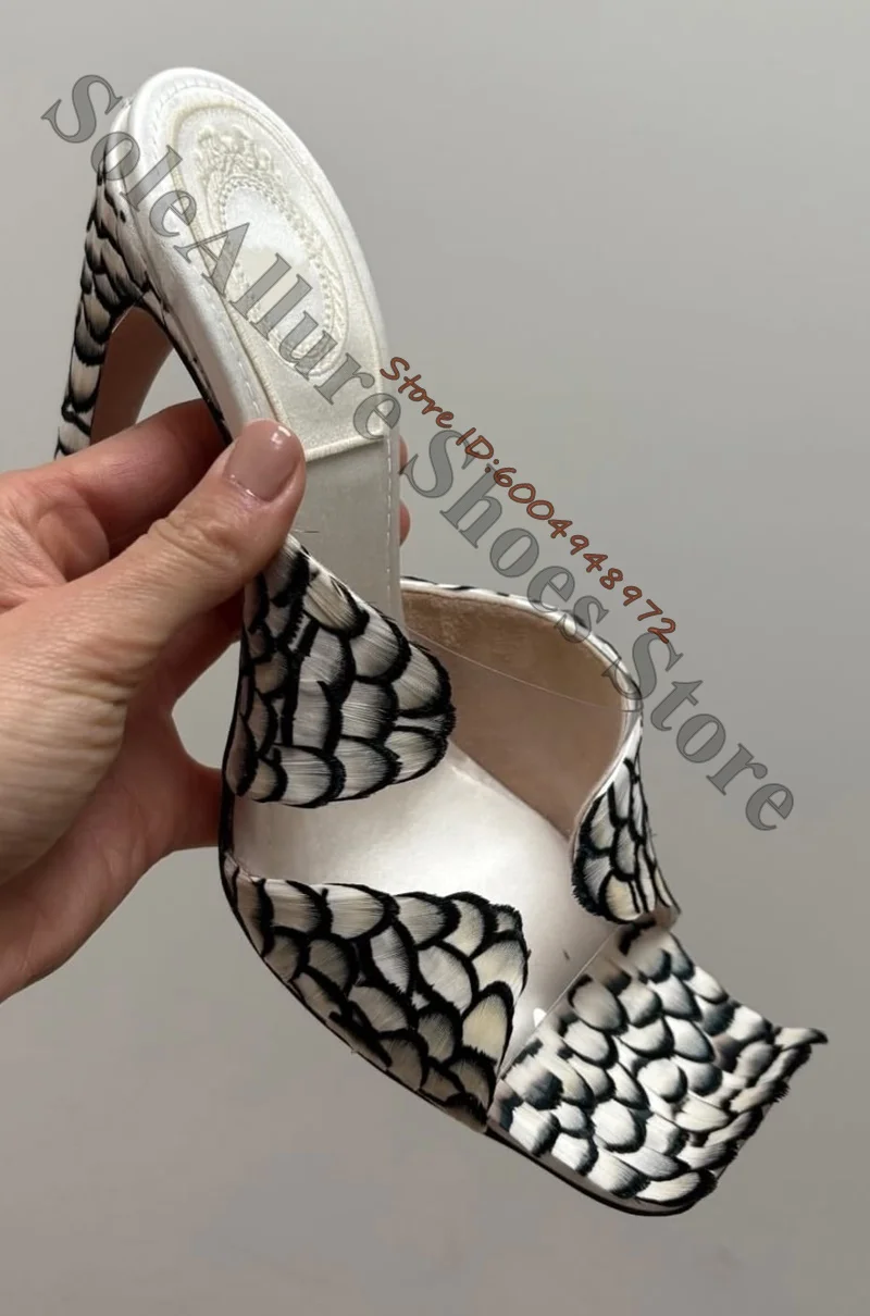 Scale Print Square Toe Mule Heels Hollow Sculptural Cutout Block Heel Satin Slide Sandals Unique Daily Trend Women Slippers