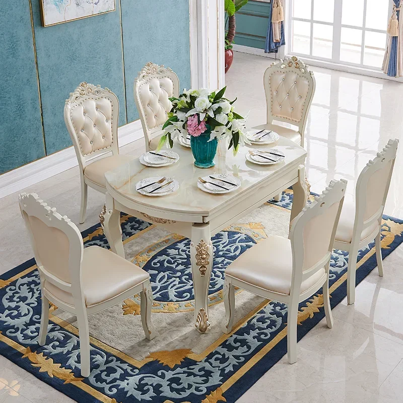 

Европейский выдвижной мраморный обеденный стол и комбинация стульев для небольшой квартиры, белый круглый обеденный стол из цельного дерева