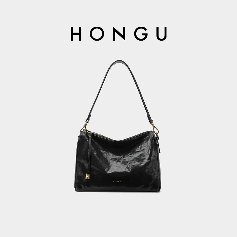 

HONGU Woman Black Bag Luxury Retro Zipper Shoulder Bag Commute Large Capacity Square Crossbody Bag Cowhide Leather Soft H5176838