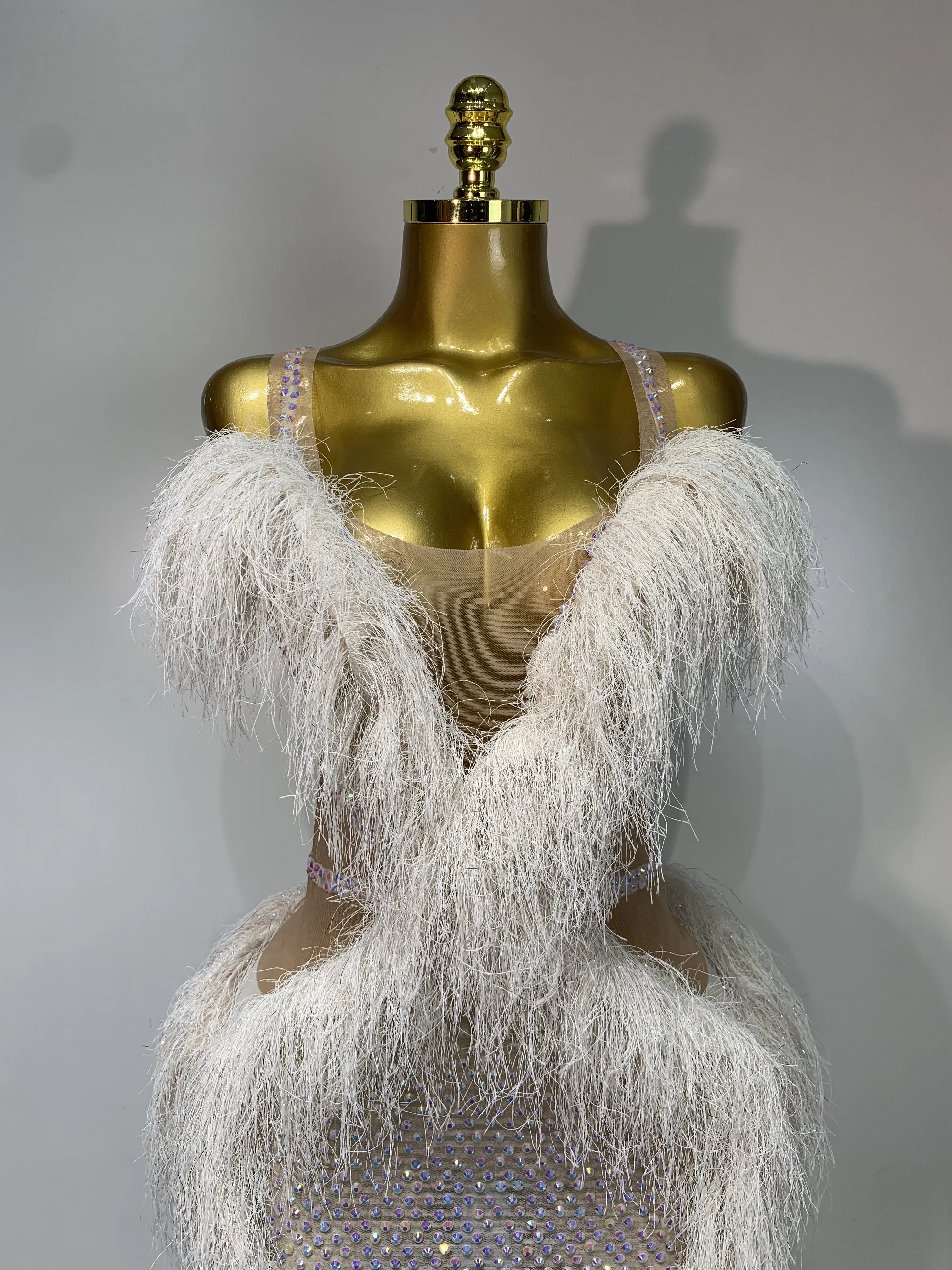 white see through bodycon dress Women Sexy Sheer Pearl Crystal Tassel Evening Party Nightclub Singer Stage Performance Costume Skies Are Blue Plus