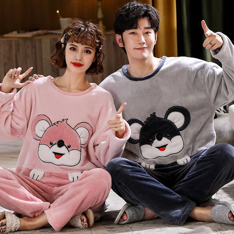 New Couples Pajamas Men\'s Fall and Winter Cartoon Large Size Warm Padded and Thickened Home Clothing Suit Can Be Worn Outside