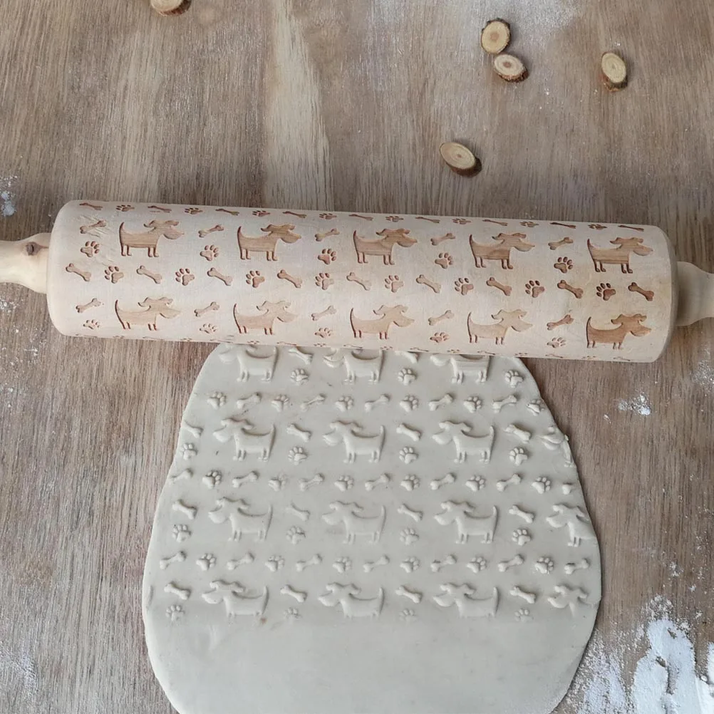 

Wooden Rolling Pin Dog Bone Pattern Embossing Design For Baking Pastry Pizza Dough Home Kitchen Bakery Use Wood Rolling