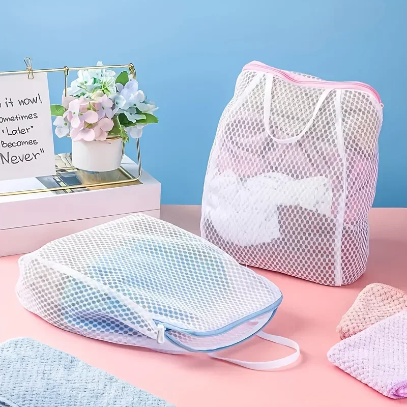 Bolsas de lavandería de malla de panal con asas, tela de poliéster duradera, diseño de cremallera rectangular versátil para ropa delicada, 2 uds.
