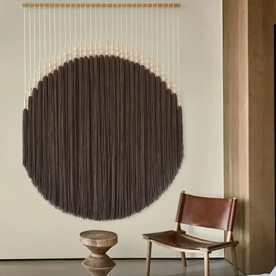 

Macrame Wall Hanging Brown Yarn Wall Art Beaded Boho Wall Decor Round Tassel Handmade Home Wall Aesthetic Living Rooms Bedrooms