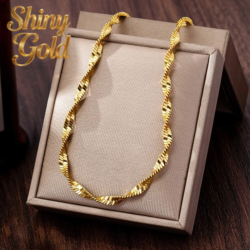 ShinyGold Luxury 24K 9999 Pure Gold Real Gold Women's Double Water Wave Chain Necklace Anklet Set