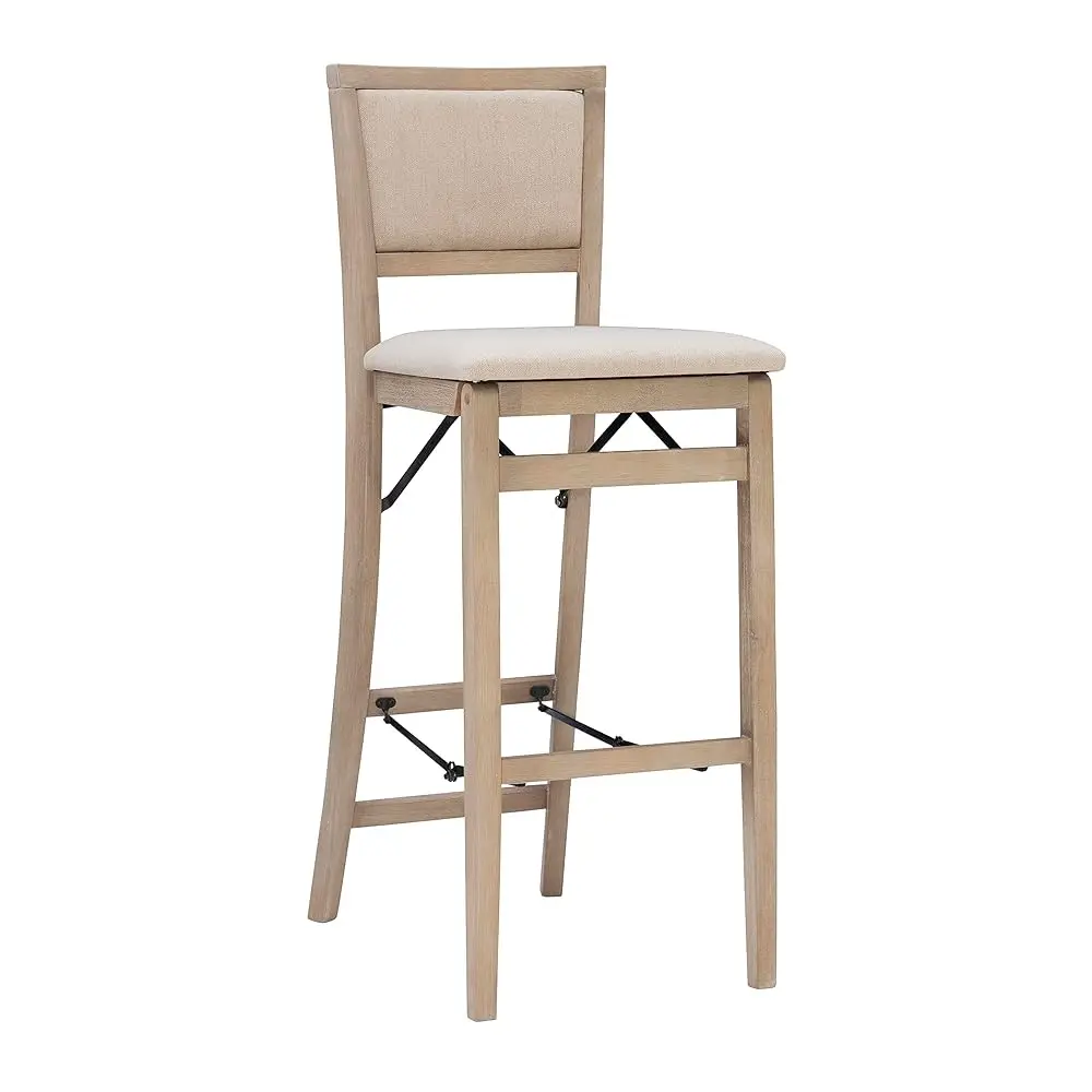 

Keira Natural Rustic Wooden Folding Barstool With Beige Upholstered Seat And Back