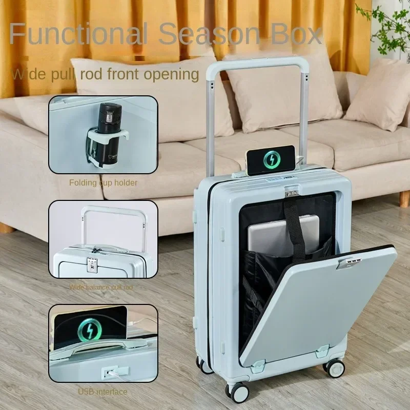 Multifunctional Suitcase Pop-up Front Opening Wide Trolley Case 20Inch Boarding Box with USB Port Water Cup Holder Lugg