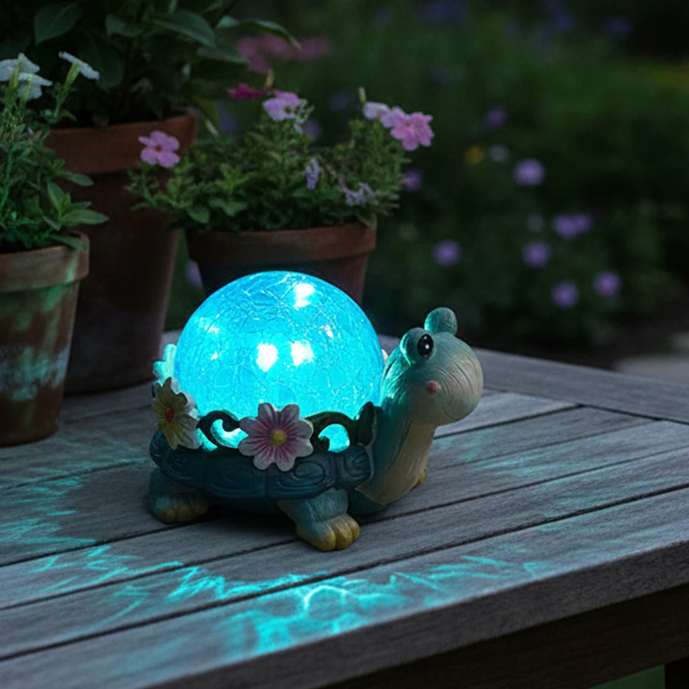 Solar sea turtle garden statue, crackled glass outdoor blue ornament, ideal for decorating courtyard gardens and bonsai displays
