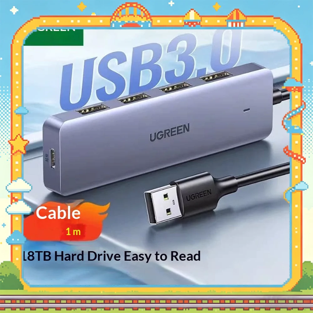 UGREEN 15918 4 Port USB 3.0 Hub Powered USB Splitter with 1m Cable Type C Power Port Multiport Expander for Laptop PC Hard Drive