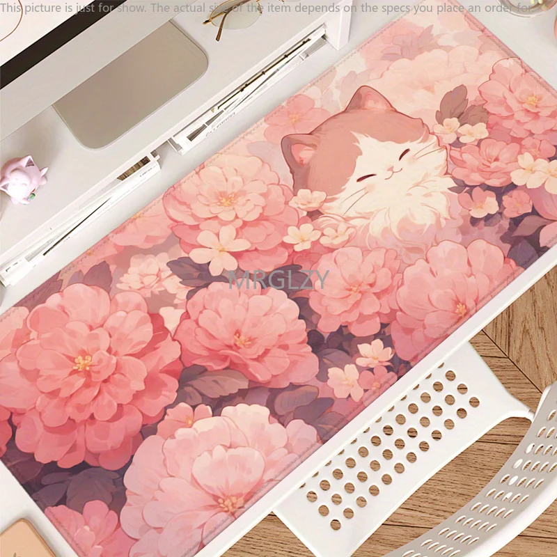 

Cute Cat & Pink Floral Design Mouse Pad Large Rubber Anti-slip Desk Accessories Mousepad for Office and Gamer Keyboard Decor Mat