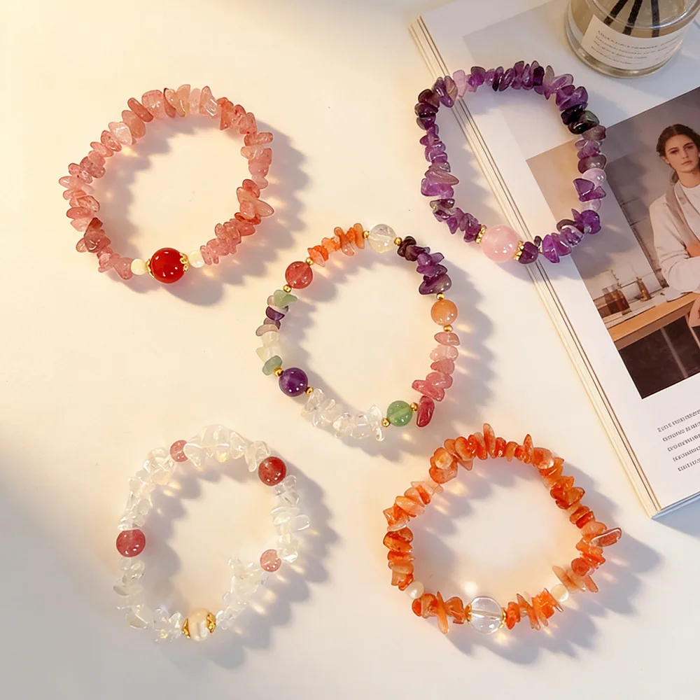 

Irregular Natural Strawberry Quartz Amethyst Clear Crystal Golden Sunstone Crushed Stone Bracelets Healing Jewelry for Women