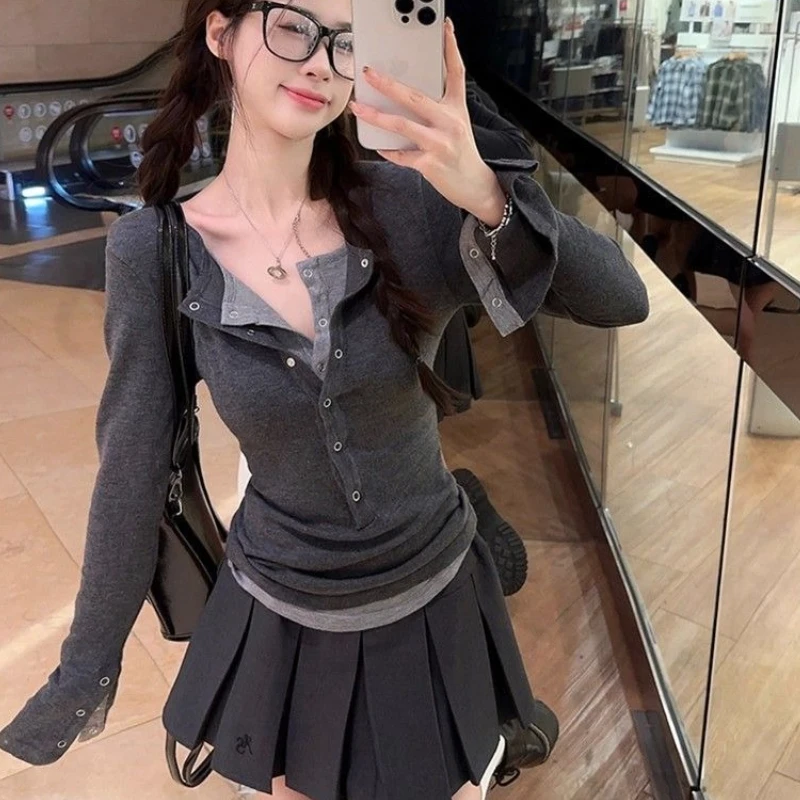 

New Korean Fashion Autumn Buttons Fake Two Piece Y2k Aestheti Constrast Color Office Lady Clothes Harajuku Commuter Women Shirt