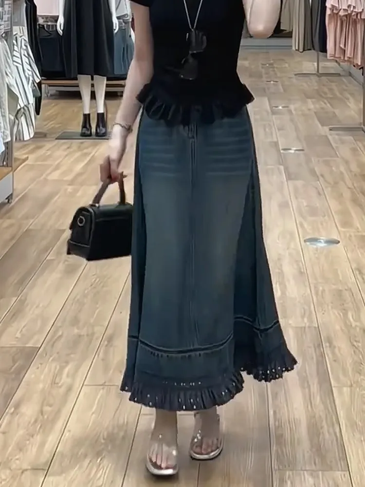 

Deep Blue Vintage High Waist Denim Long Skirt Women's Lace Trim Loose A-Line f Skirt New Arrival Autumn 2025