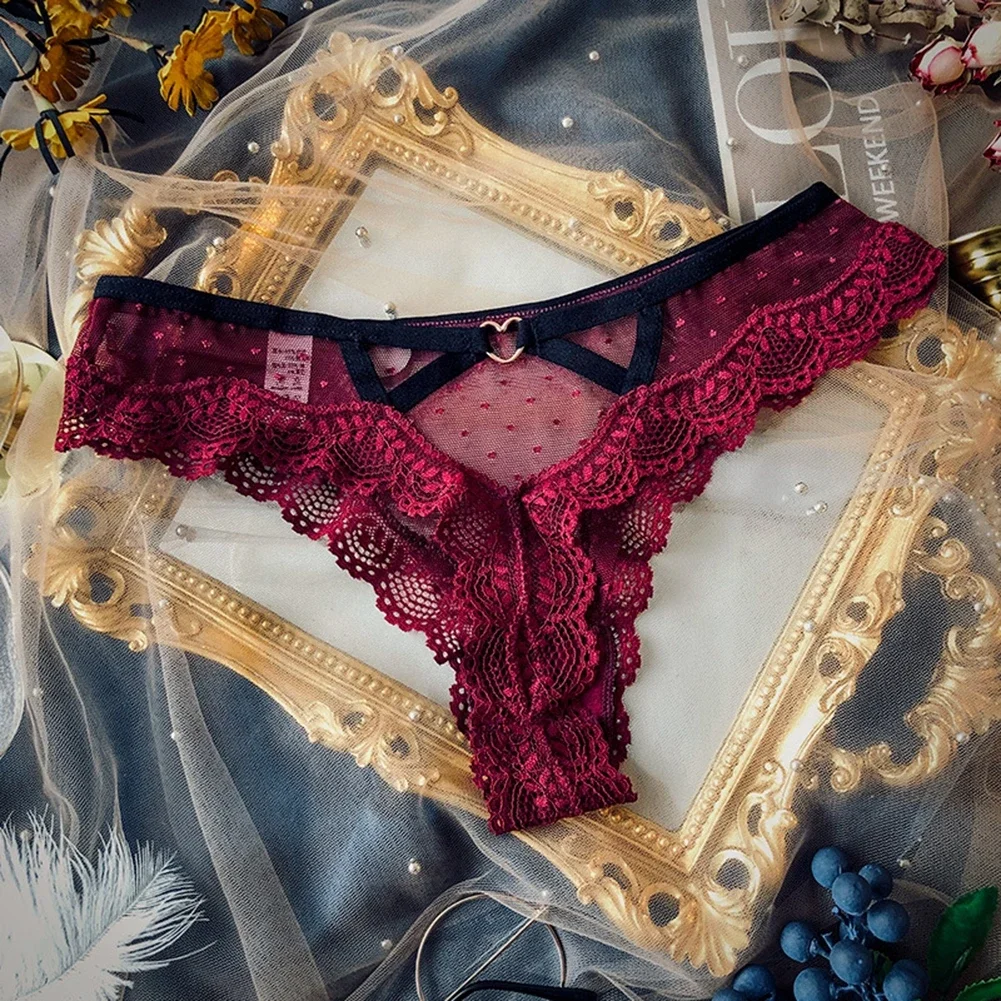 Plus Size See Through Lace Mesh Underwear Polka Dot Hollow Out Seamless Briefs Women's Low Waist Thong G-strings