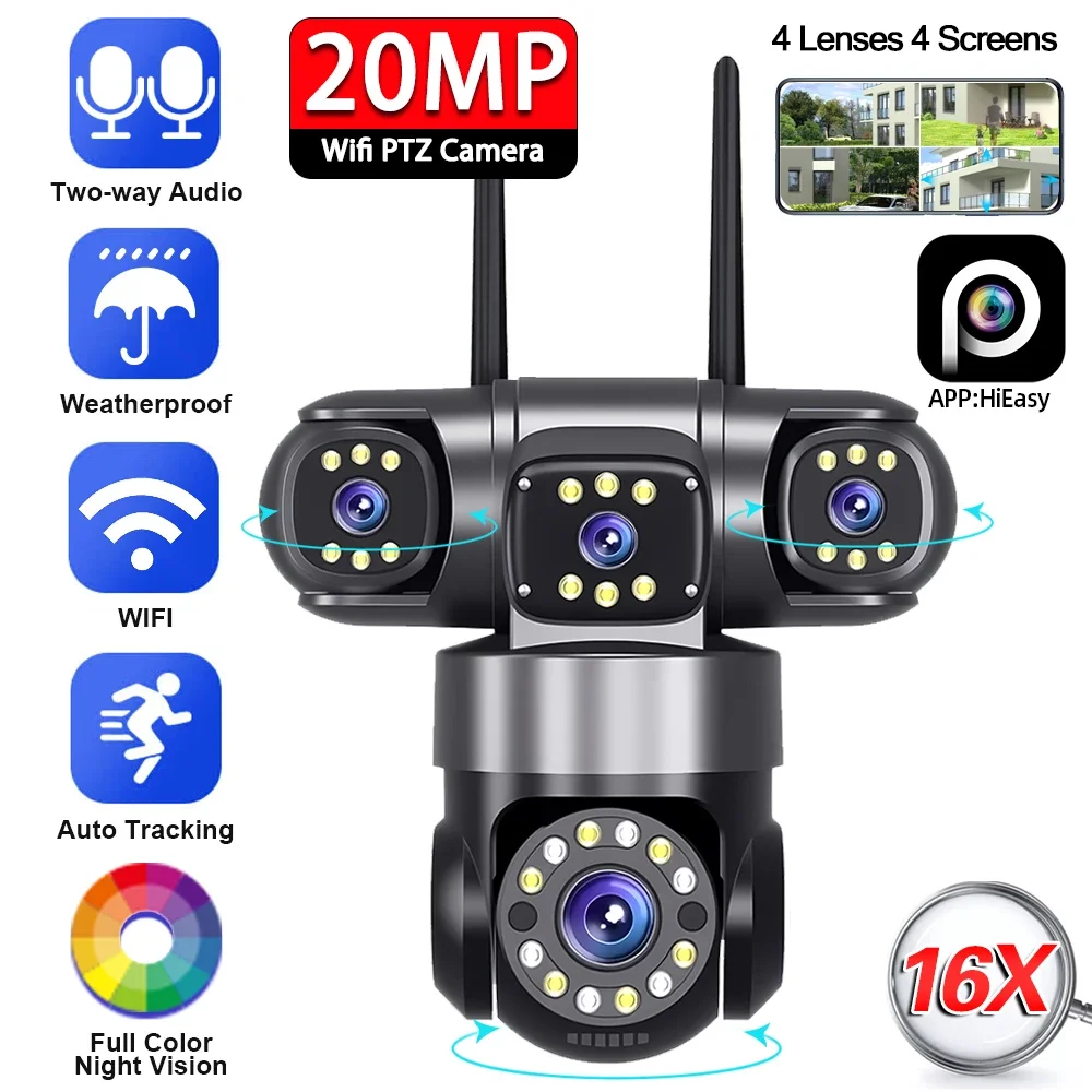 10K 20MP Home Security Outdoor WiFi Camera 4 Lens 4 Screen 360° 16X Zoom CCTV Wireless Surveillance PTZ Cam Security Protection