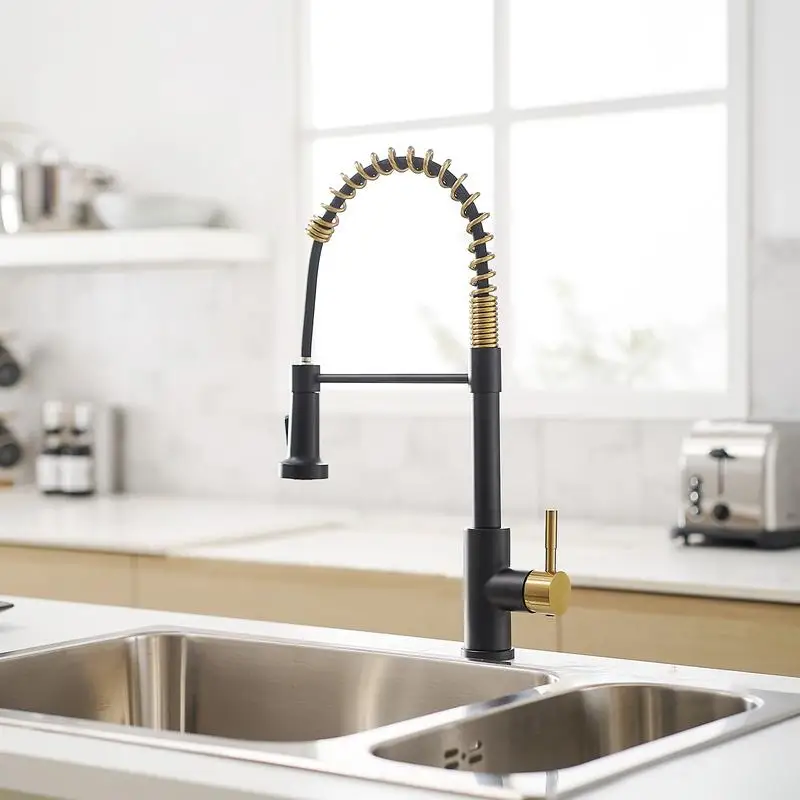 

Commercial Black and Nickel Gold Kitchen Faucet with Pull-Out Sprayer, Single Handle Lever Sink Faucet