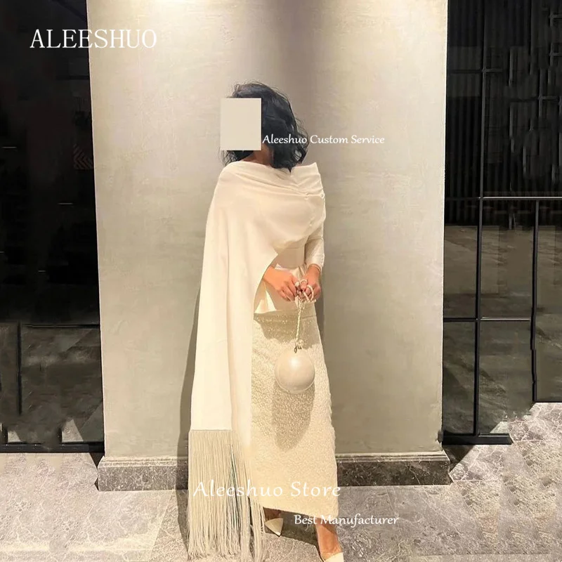 Aleeshuo-فستان سهرة عربي من الساتان للنساء ، فستان سهرة بأكمام طويلة وشرابة ، رقبة قارب ، طول الكاحل ، لون أبيض ، 2024