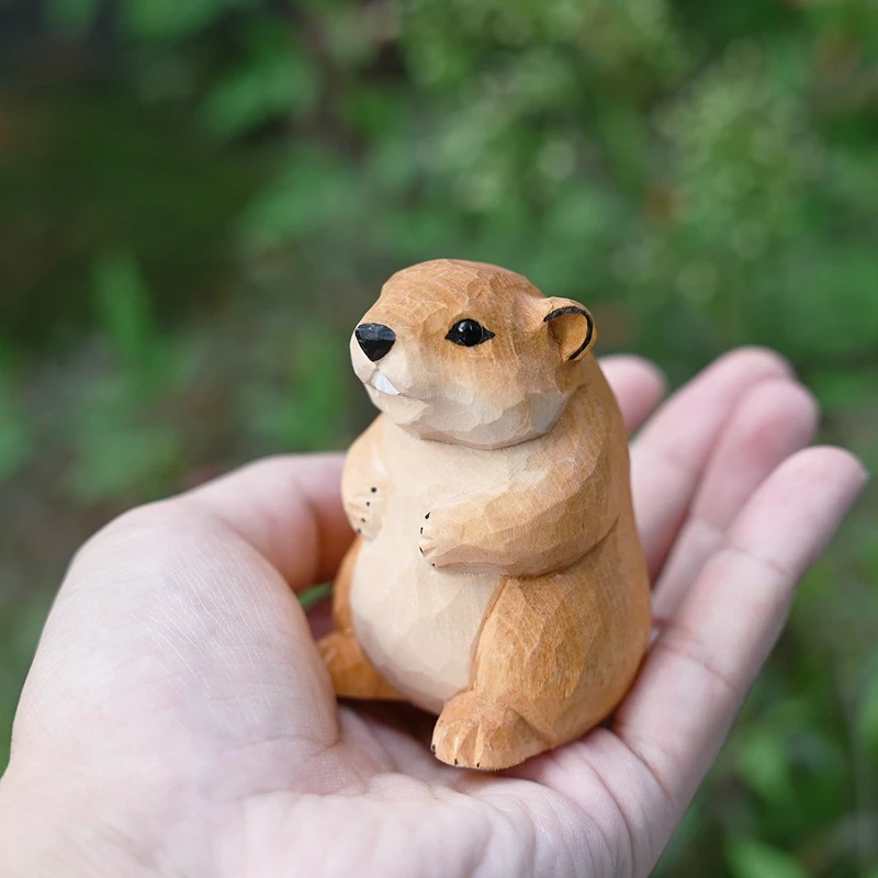 Figurine de marmotte en bois sculptée à la main - Ornement de bureau en bois massif et décoration artisanale