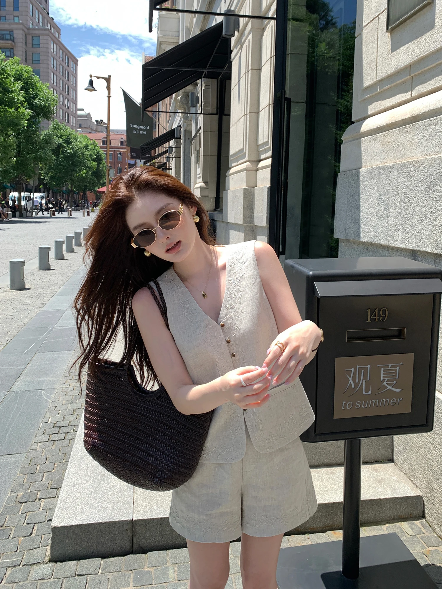 Pusumede Eastern Embroidery Linen Set Women's Sleeveless V-Neck Vest Shorts Two-Piece Set Summer Fashion Casual Wear