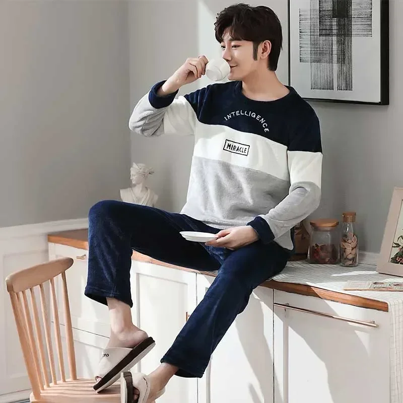 2023 Winter Long Sleeve Thick Warm Flannel Pajama Sets for Men Korean Loose Coral Velvet Sleepwear Pyjamas Homewear Home Clothes