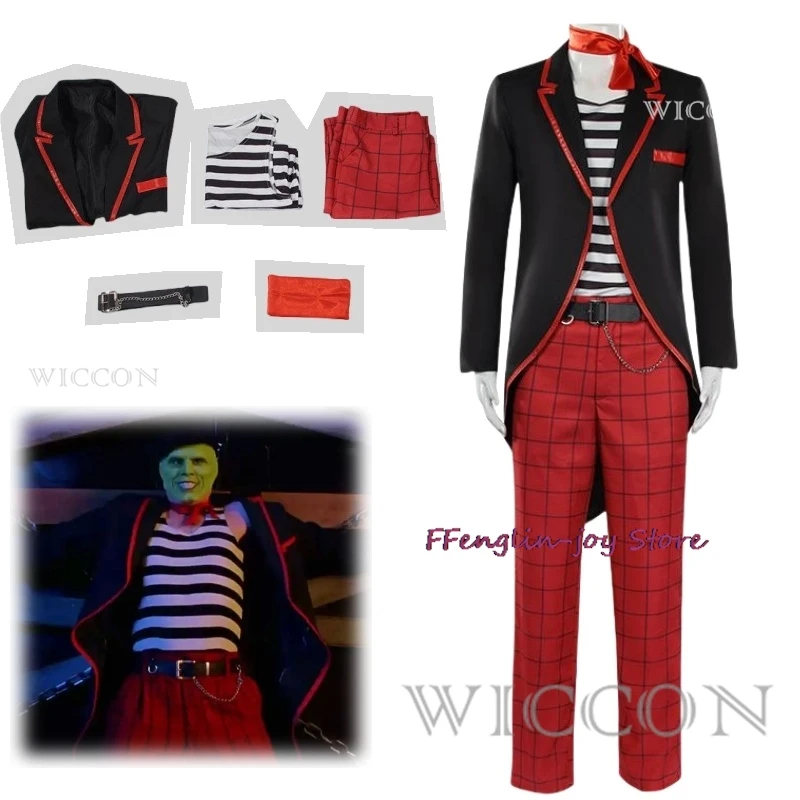 

Полный костюм для косплея Джима Керри для взрослых, включая маску, полосатый внутренний забавный смокинг, наряд для вечеринки В НАЛИЧИИ в стиле кино