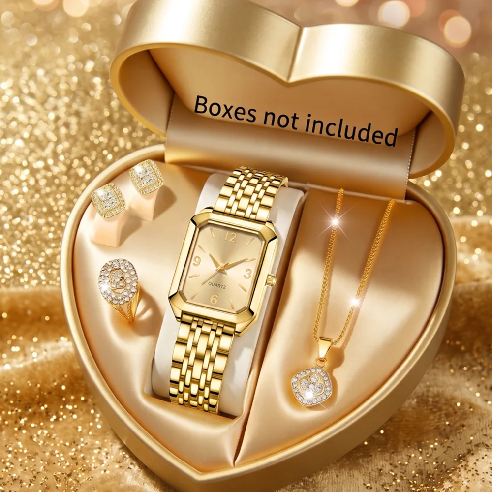 5Pcs/Set Unisex Jewelry Watches Women's Wristwatch Accessories Gold Fashion Business Elegant Trendy Classic Exquisite Vintage Light Luxury Rhinestone Luxury Bracelet Watch Set Y2K Suitable for Travel, Vacation, Parties, Daily Outfits, Perfect Holiday Gift