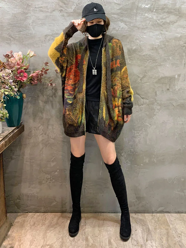 Max LuLu 2024 Winter Knitwear Womens Printed Hooded Cardigans Ladies Casual Fashion Warm Vintage Luxury Loose Classic Sweaters