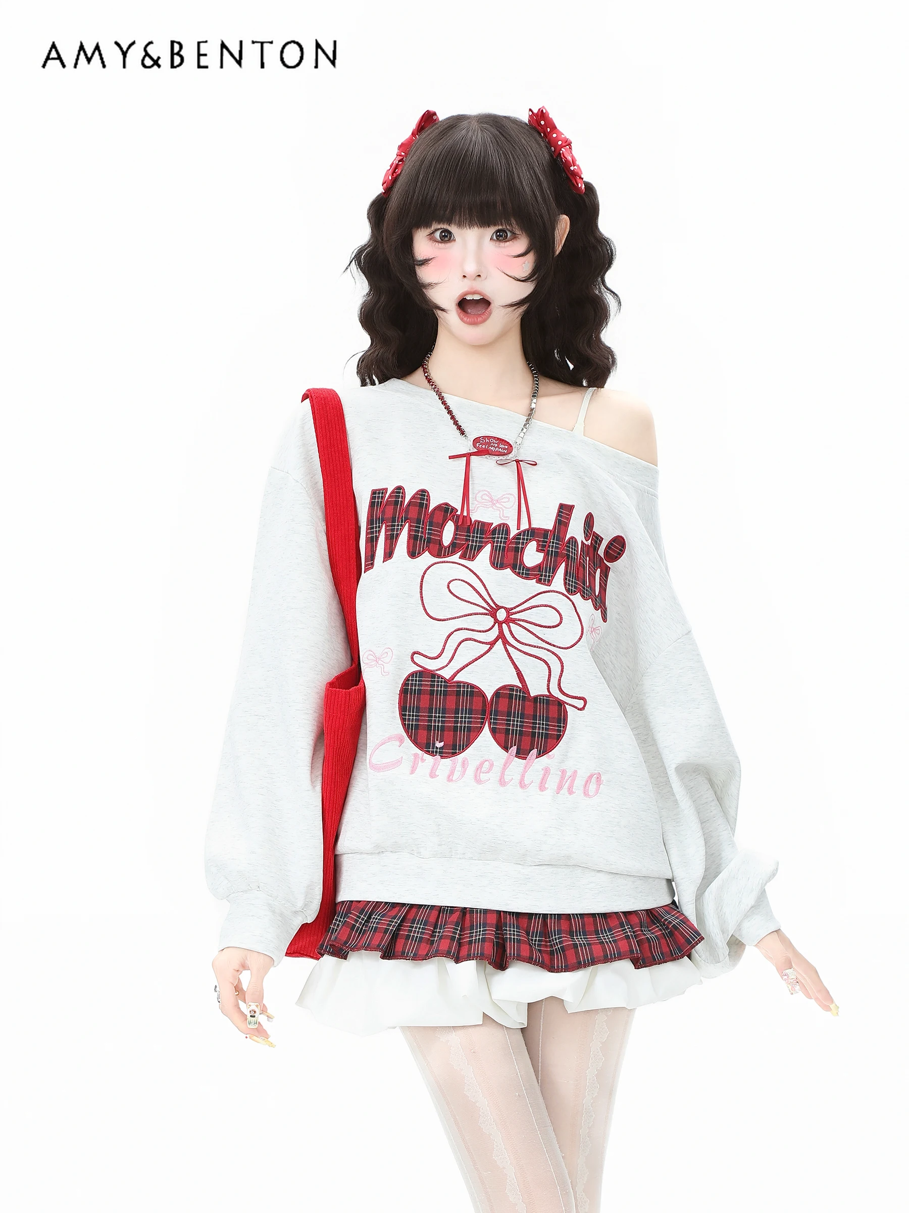 

2025 Spring and Autumn New Off-Shoulder Cherry Embroidery Hoodless Gray Sweatshirt Women with White and Red Plaid Short Skirt