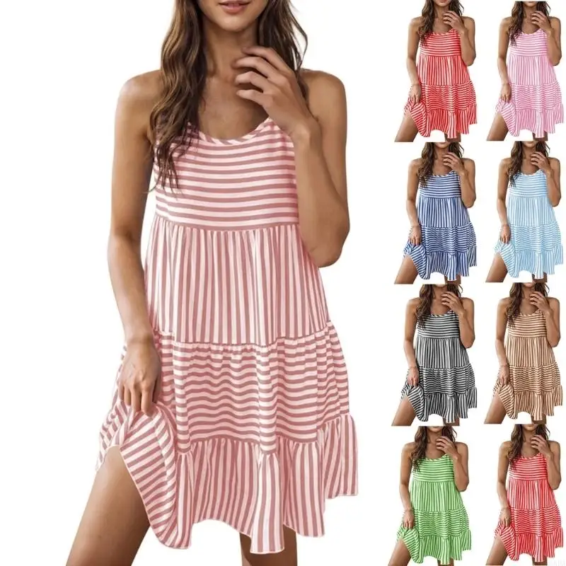 

Women's Trendy Print Sleeveless Neck Layered Dress Loose Casual Knee Length Dress 6XDA