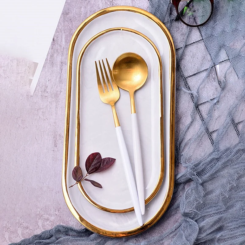 Gold-Plated Ceramic Marble Storage Tray European Food Fruit Breakfast Oval Plate Jewelry Tray Dessert Plate Decoration