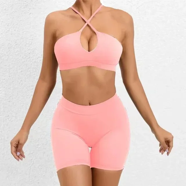 Seamless Yoga Sets Sports Fitness Hip-lifting Nude Feel Shorts Cross Beauty Back Bra Suits Workout Gym Leggings Sets for Women