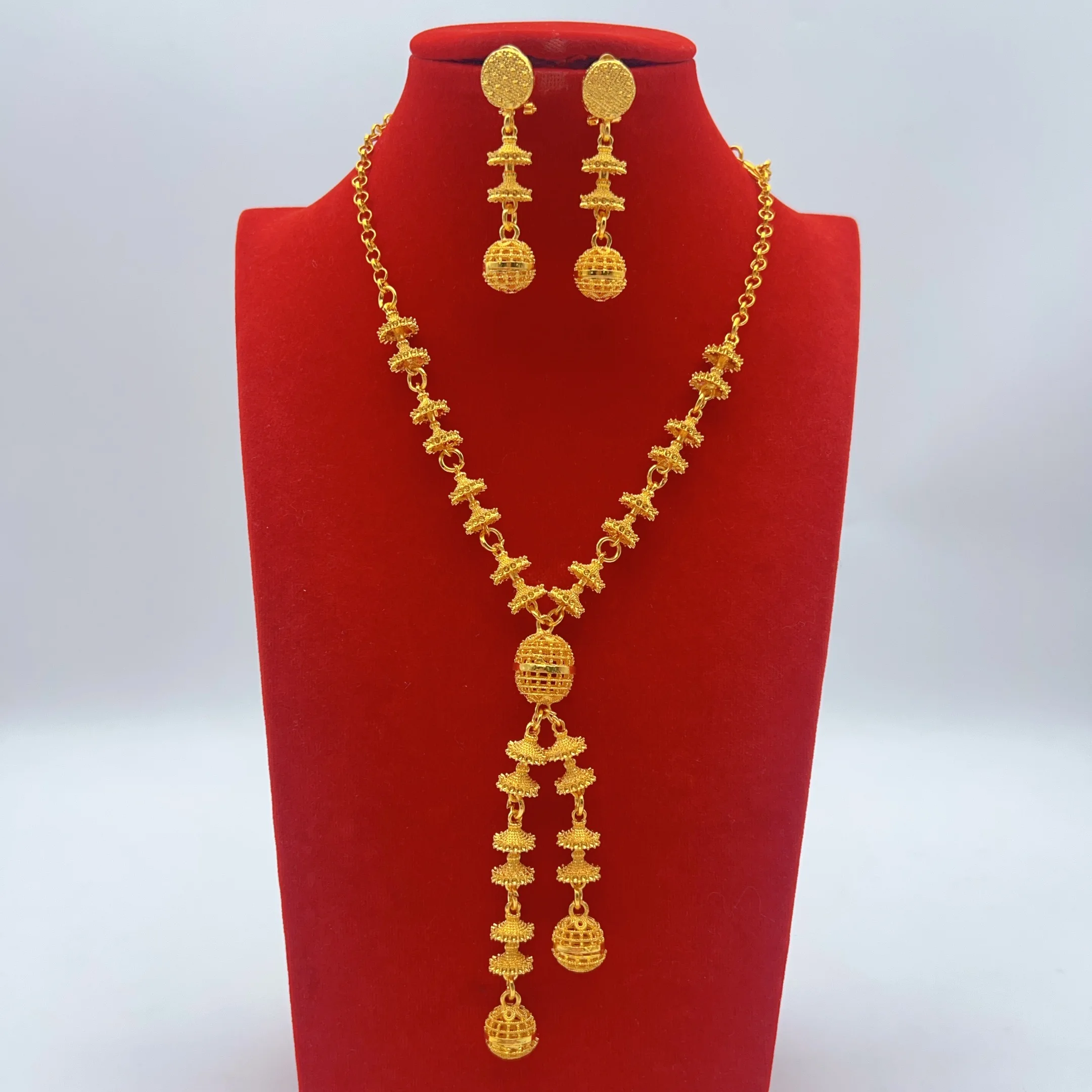 African 24k Gold Color Bead Necklace And Earrings Set Wedding Indian Long Jewelry Sets Bridal for Dubai Party Gifts
