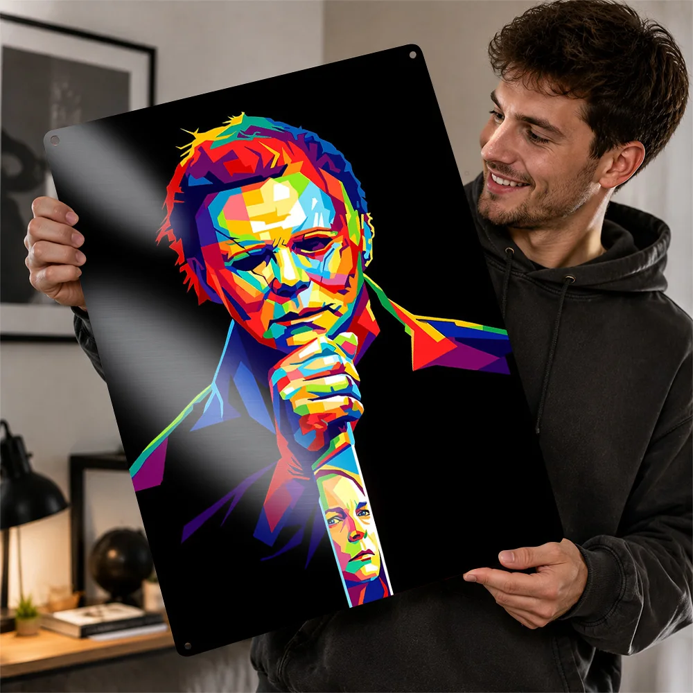 Michael Myers and Laurie Strode Pop Art 3D Texture Metal Poster Customized Wall Art Tin Sign Gift for Mancave Decor Living Room