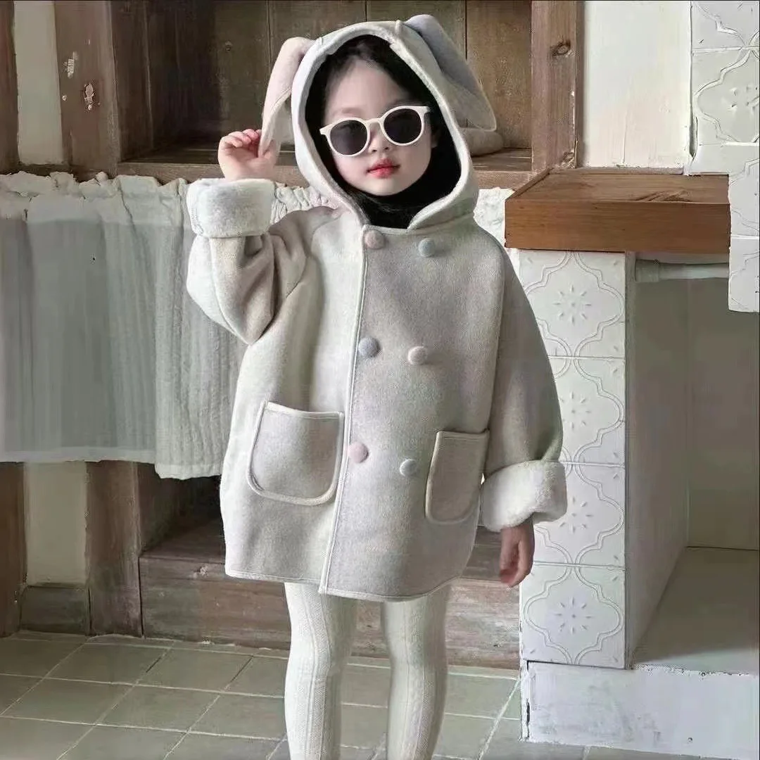 Toddler Girls Rabbit Costume 2025 Winter New Bunny Ears Baby Children Coat Hooded Animal-themed Cute Warm Woolen Jacket for Kids