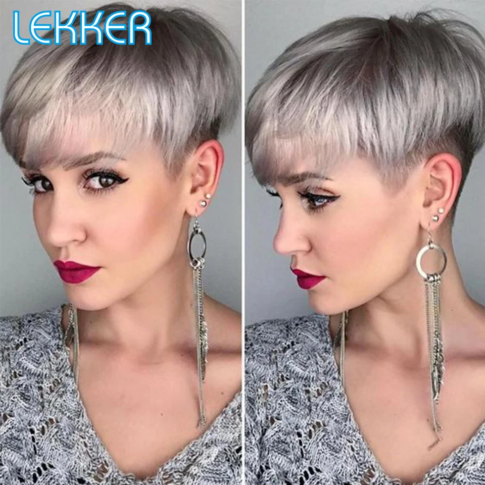 Lekker Sliver Grey Short Pixie Cut Straight Human Hair Wig For Women Brazilian Remy Hair Cheap Glueless Colored Machine Made Wig