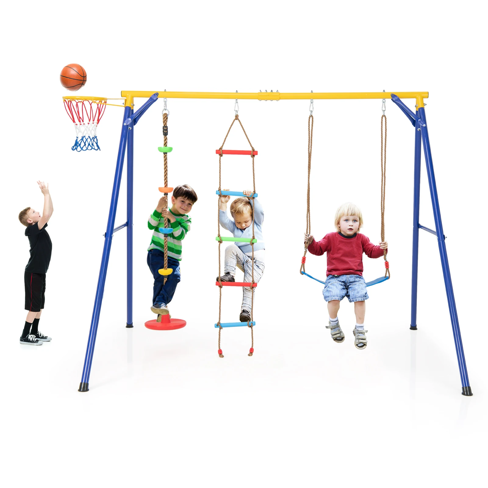 4-in-1 Kids Swing Set Carbon Steel Swing Stand w/Basketball Hoop Climbing Ladder