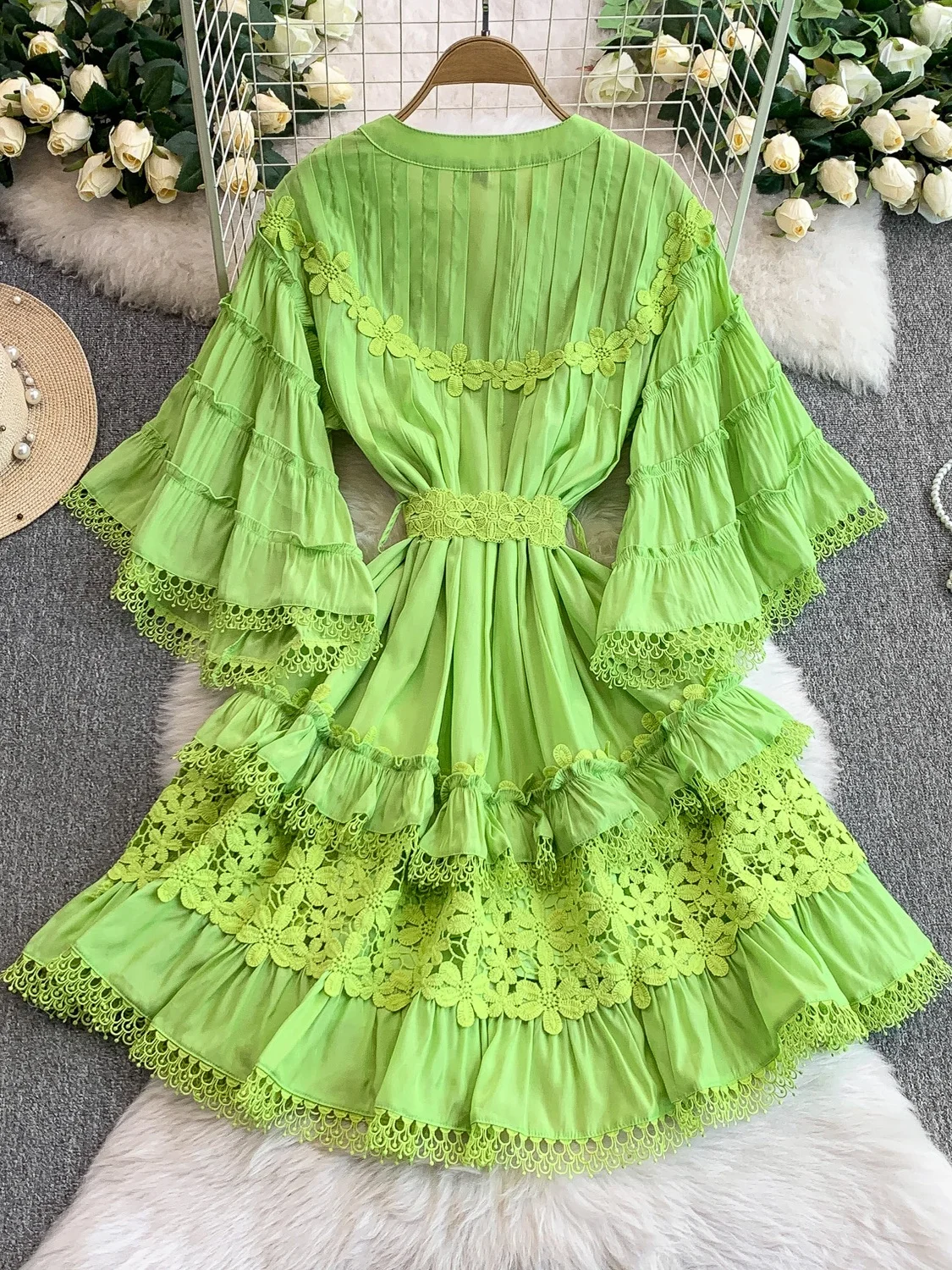 Vestido Retro com Decote em V e Mangas Sino, Saia em Camadas de Cintura Alta, Vestido Curto de Manga Longa Estilo Coreano