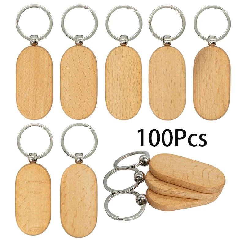 

100Pcs Blank Rectangle Wooden Key Chain Diy Wood Keychains Key Tags