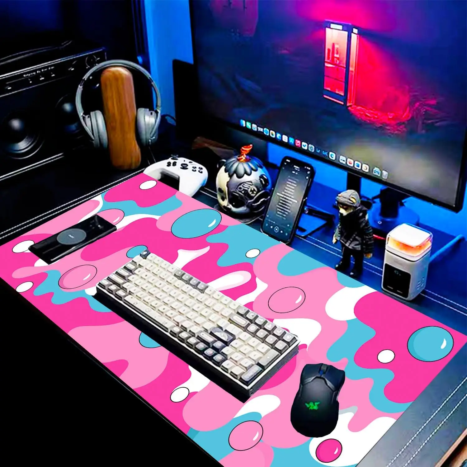 XXL Różowo-biała podkładka pod mysz Bubble Geometryczna gumowa antypoślizgowa szyta krawędź Trwała, zmywalna podkładka pod klawiaturę komputerową odpowiednia dla graczy