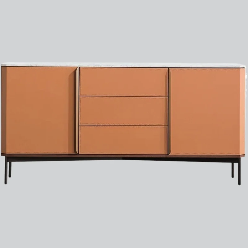 

Лидер продаж, минималистичный боковой шкаф, оранжевая седельная кожа, натуральная средняя белая мраморная столешница