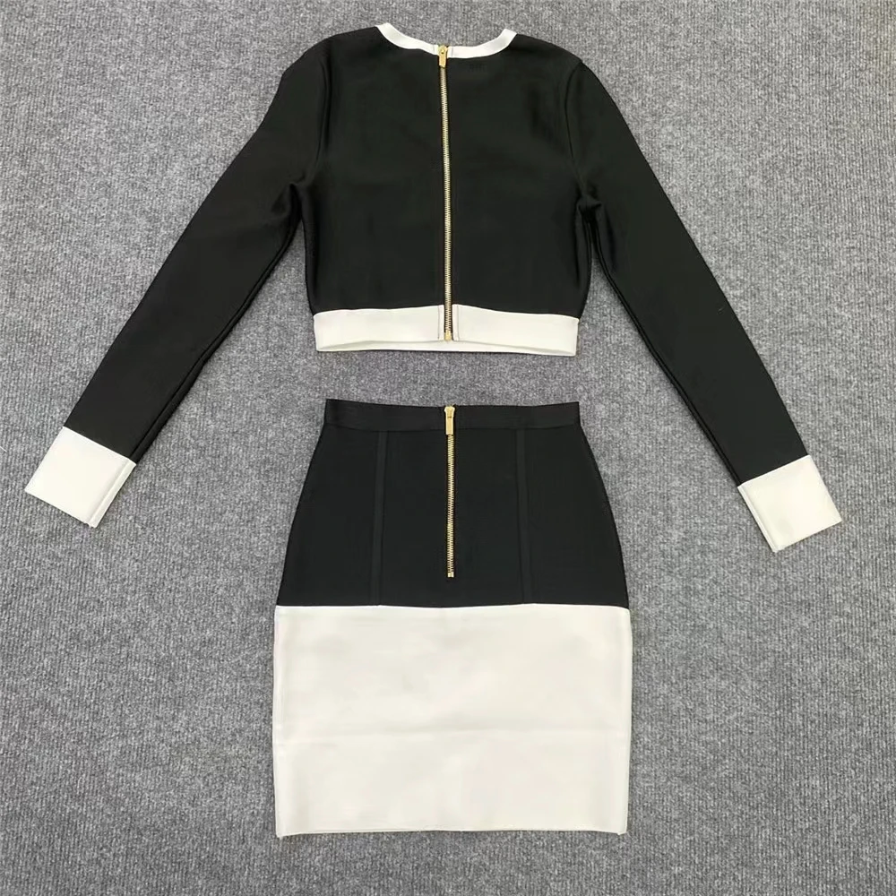 New High Street New in Matching Sets Black White O Neck Long Sleeves Two Piece For Women Bodycon Bandage Dress Set Party Outfit