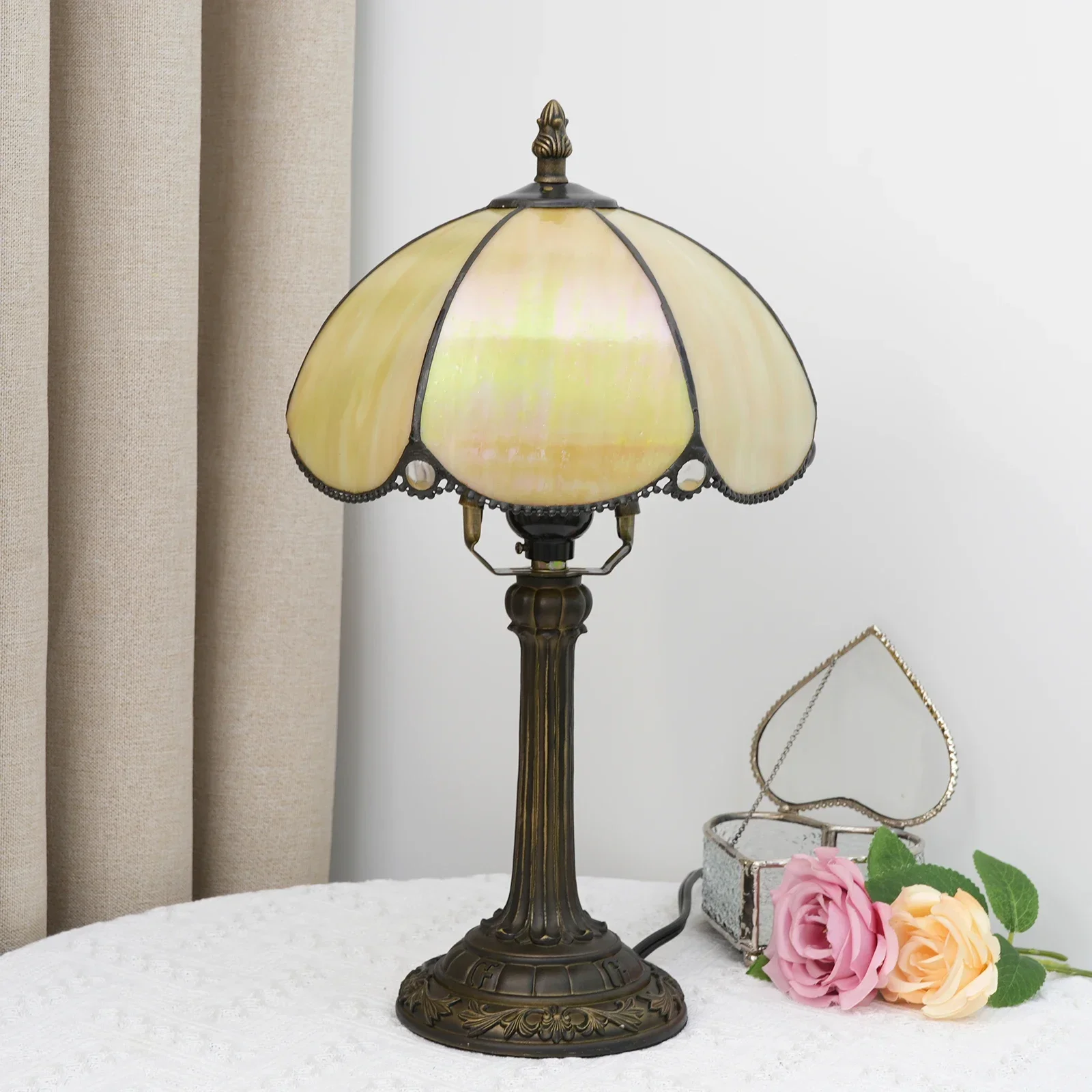 8 Inches 20cm Tiffany Style Table Lamp, Yellow Stained Glass Reading Lamp with Antique Design for Bedroom and Living Room