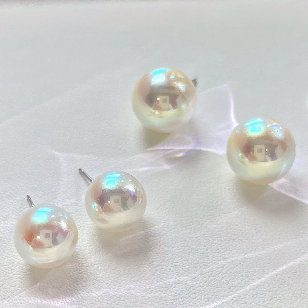 925 Sterling Silver High-Quality Strong Luster Round Crystal Faux Pearl Stud Earrings, Simulated Pearl Earrings for Women