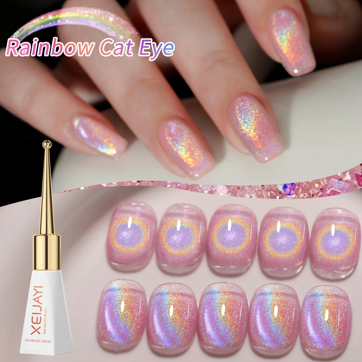 XEIJAYI 1pc 10ml Pink Rainbow Cat Eye Magnetic Gel Nail Polish Removable UV LED Light for Women - Magnetic Stick Not Included