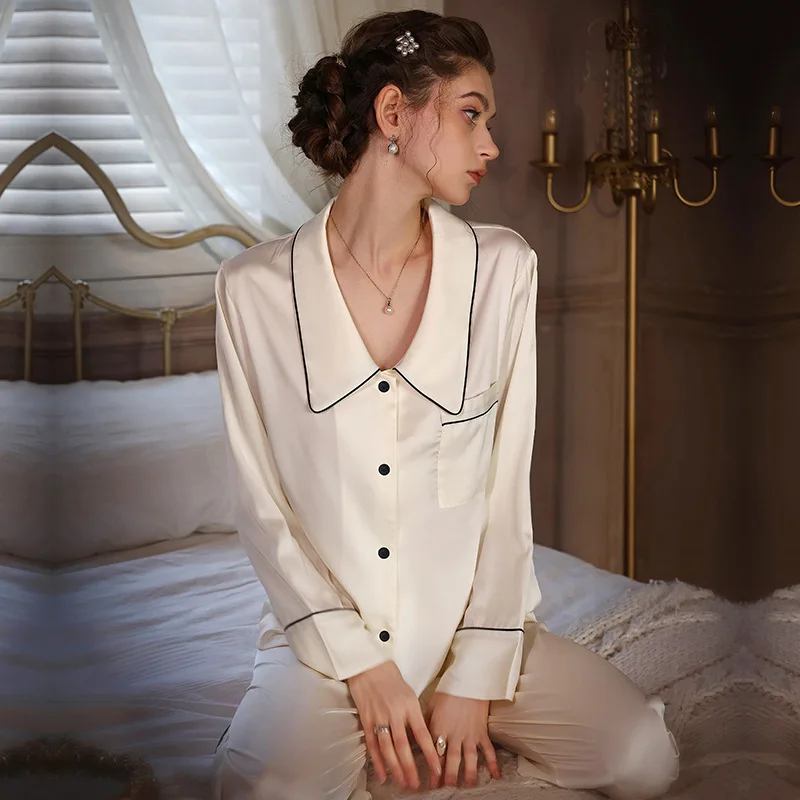 Female Pajamas Set White Satin Long Sleeve Trouser Suits Pyjama Pour Femme Spring Summer Sleepwear Loose Home Clothes Loungewear