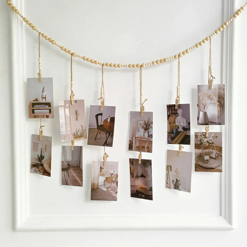 Hanging Photo Display with Log Color Wooden Bead String Photo Storage Tassel String Hemp Rope Bead String Clip Home Decoration