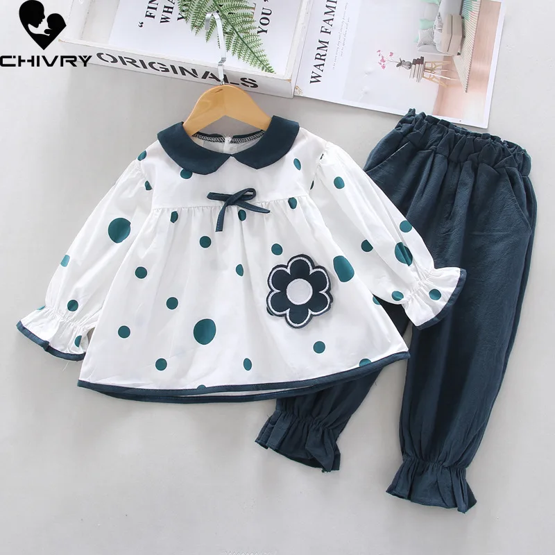 

New 2023 Baby Girls Spring Autumn Fashion Flower Polka Dot Long Sleeve Lapel Tops with Solid Pants Kids Casual Clothing Sets