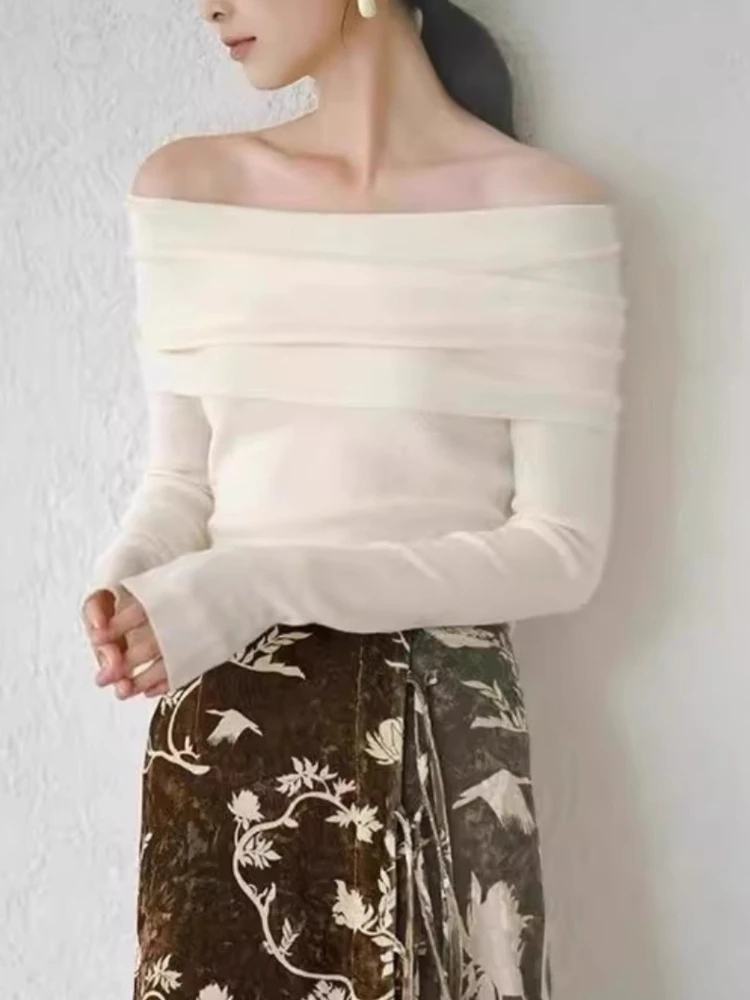 Sexy Off-The-Shoulder Knit Sweater Women Pullover Long Sleeve Top 2026 Autumn Winter Soft Lapel Slim Fit Flattering Knit Sweater